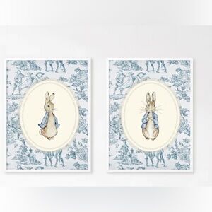 Vintage Blue Toile Peter Rabbit Prints, Beatrix Potter Decor Framed 8x10 Set